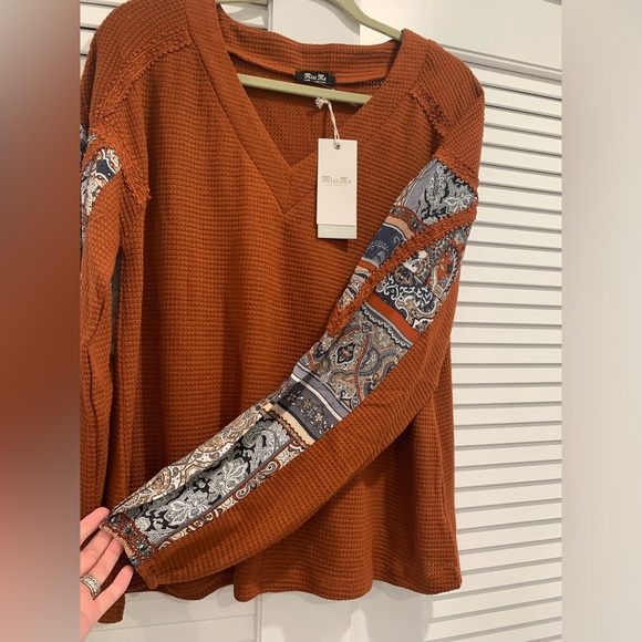 NWT Miss Me Thermal mixed material Bohemian long sleeve top size Large - Picture 3 of 5